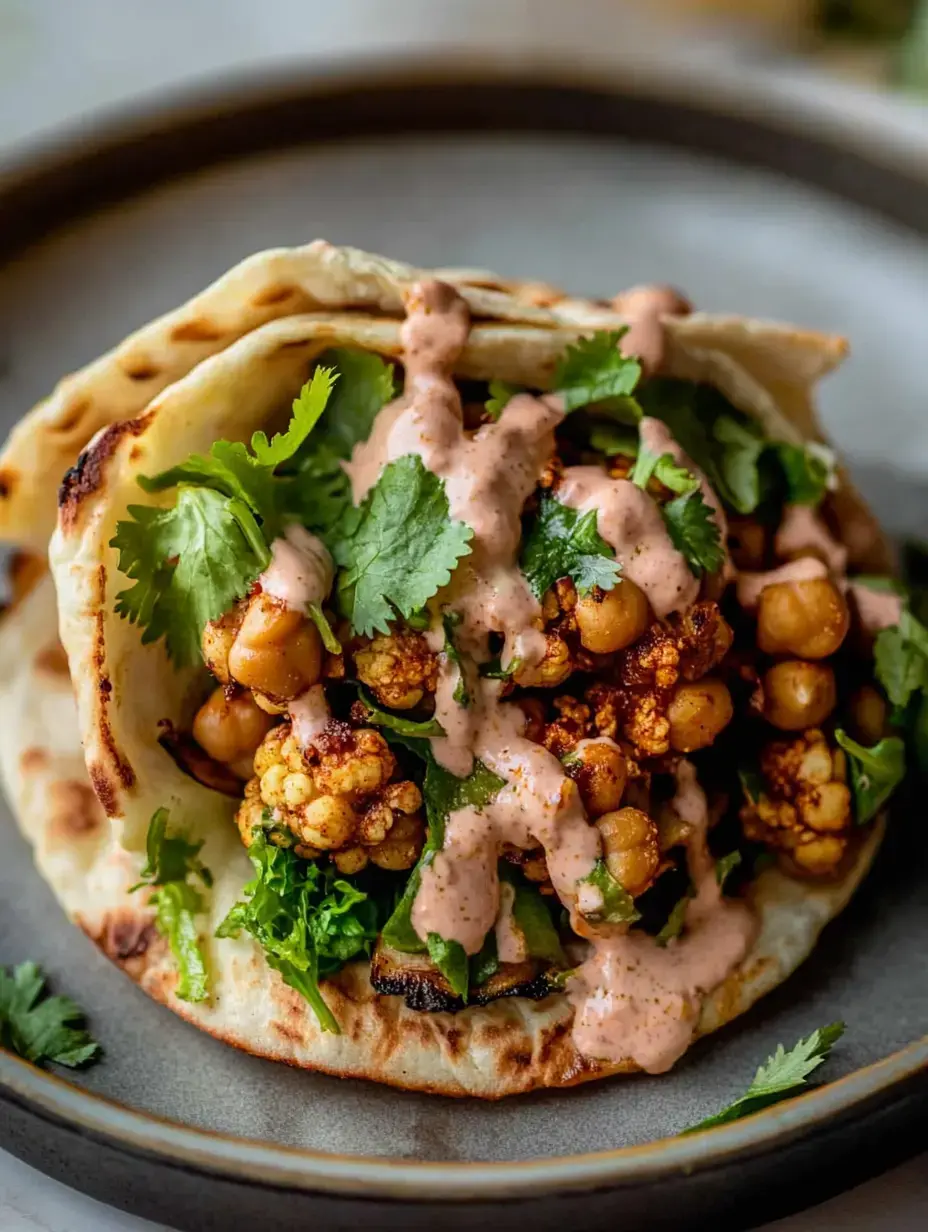 Taco vegetariano con coliflor asada, garbanzos y cilantro fresco, bañado en una salsa rosada sobre pan tostado.