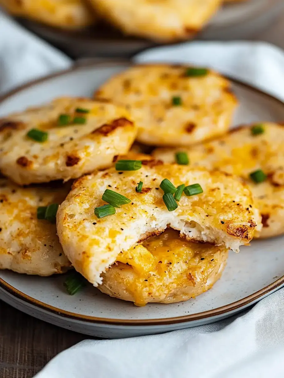 Un plato con bizcochitos con queso fundido y cebollín, uno abierto para mostrar el interior cremoso.