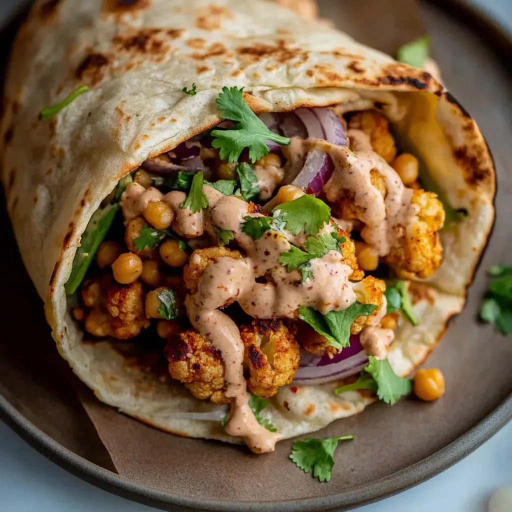 Wrap con coliflor asada, garbanzos, cebolla morada y salsa, decorado con cilantro fresco.