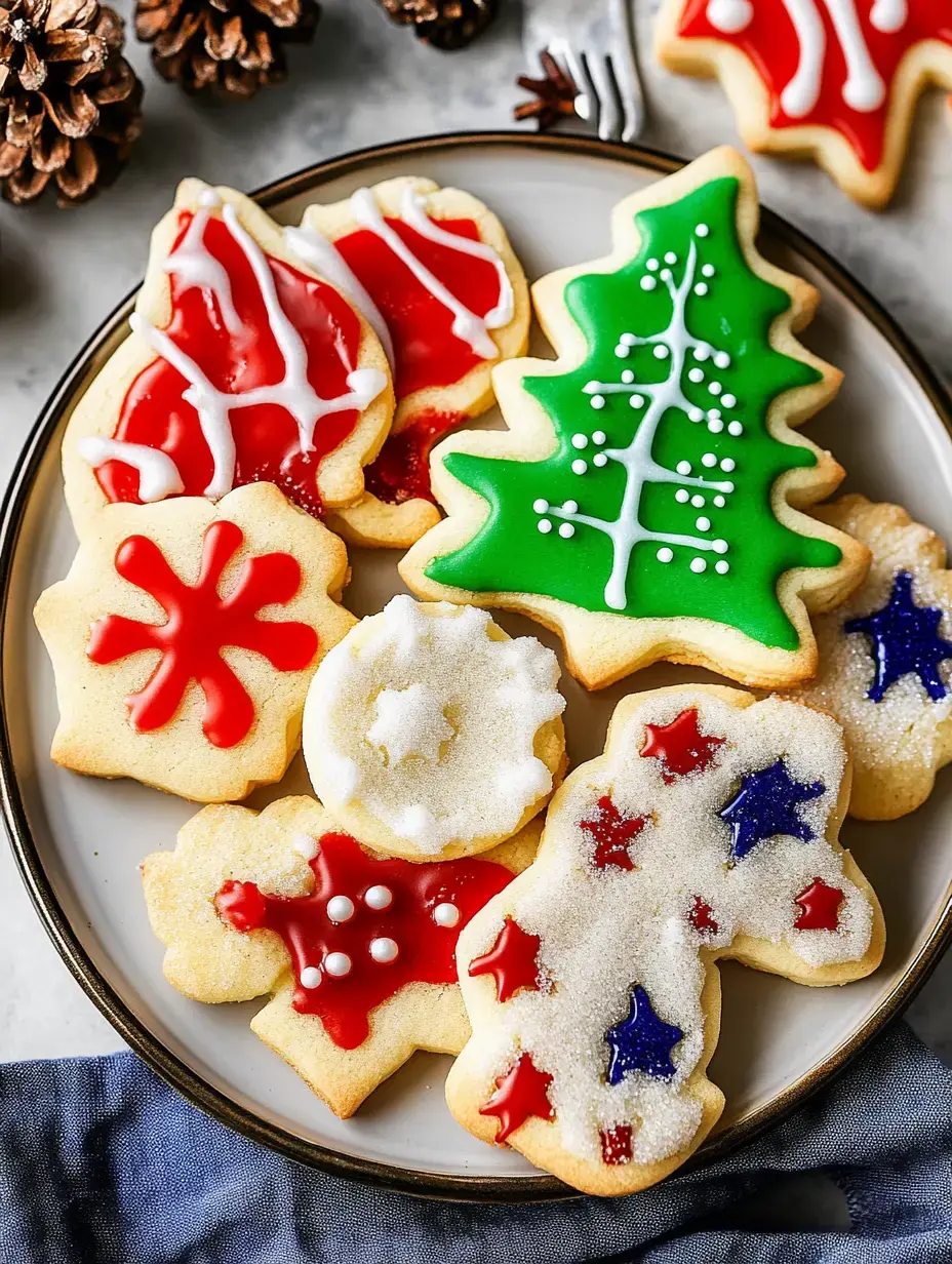 Un plato de galletas navideñas decoradas con formas de árbol de Navidad, copos de nieve y bastones, con glaseado colorido y confites.