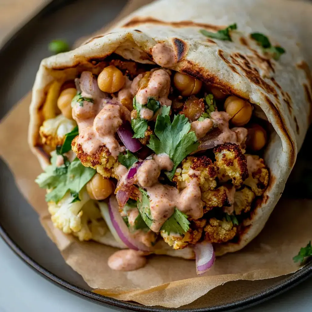Wrap sabroso con coliflor asada, garbanzos, cebolla morada, salsa cremosa y cilantro fresco al tope.