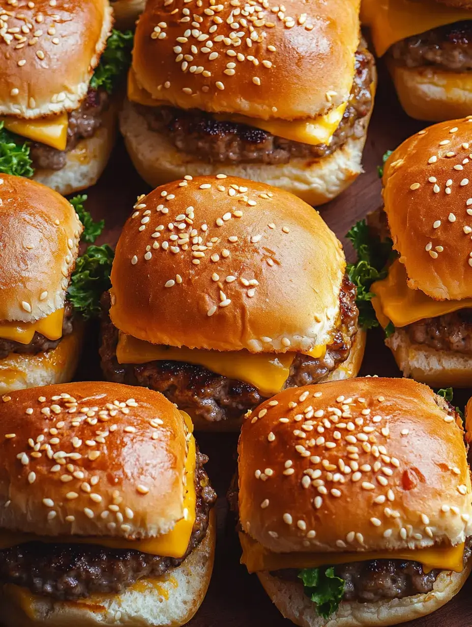 Varios mini hamburguesas de queso servidas en panecillos con semillas de sésamo y mucho queso fundido.