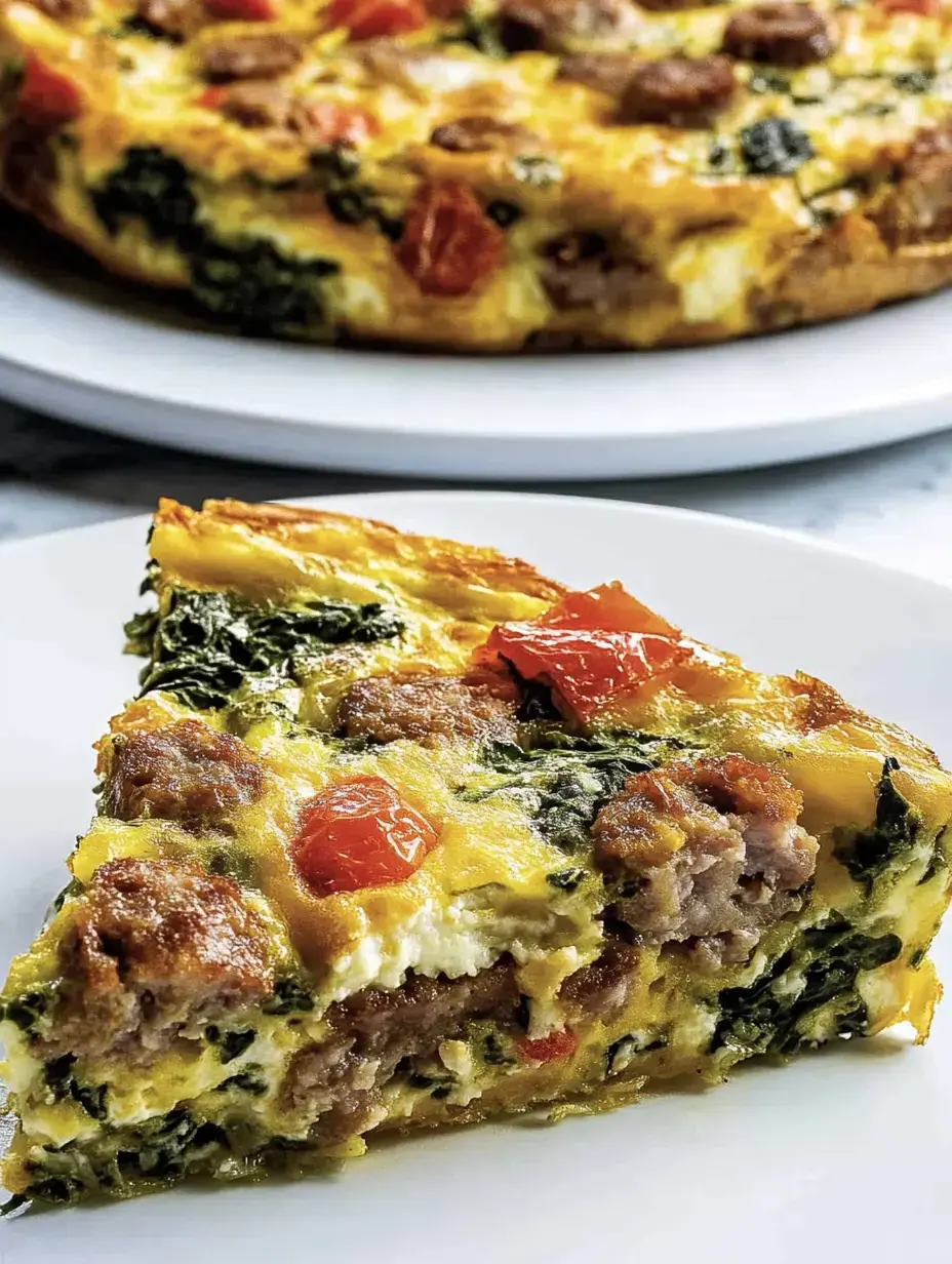 Un trozo de frittata con salchicha, espinaca y tomate en un plato blanco, detrás se ve el resto de la frittata.
