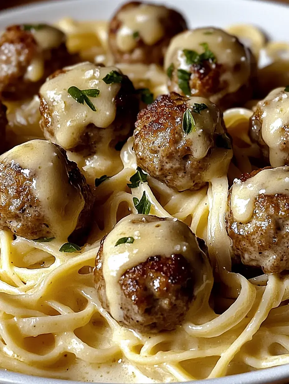 Un primer plano de pasta con albóndigas y una salsa cremosa, decorado con hierbas frescas.