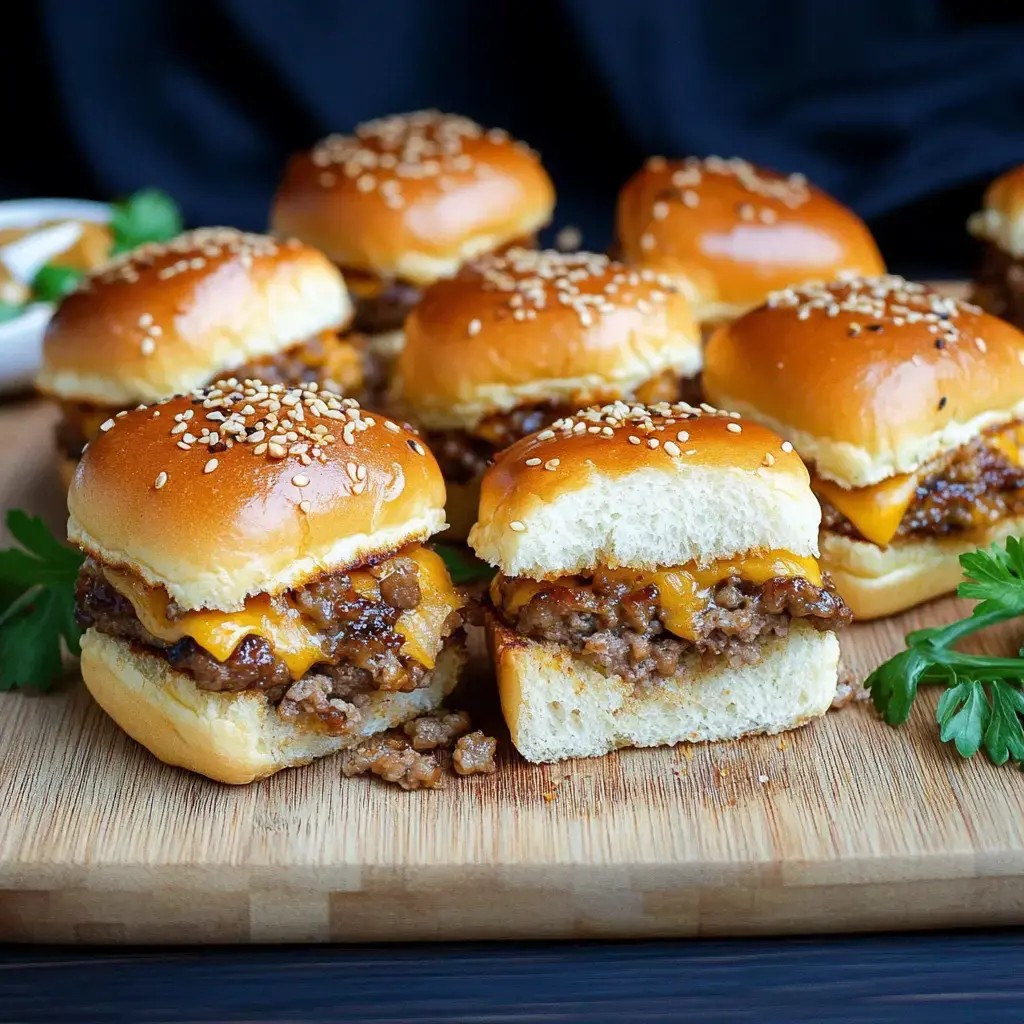 Una bandeja de madera con varias mini hamburguesas de queso, algunas cortadas para mostrar el relleno de carne y queso.