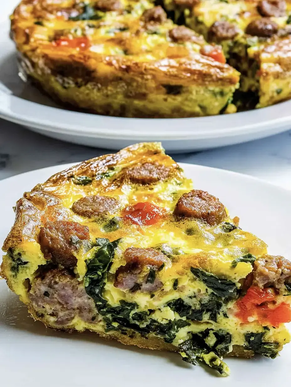 Un trozo de frittata con salchicha, espinaca y tomates en un plato blanco, detrás aparece la frittata entera.