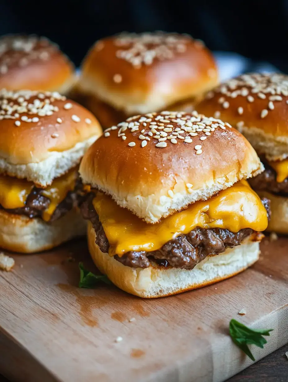 Unos cuantos mini hamburguesas de queso servidas sobre una tabla de cortar de madera.