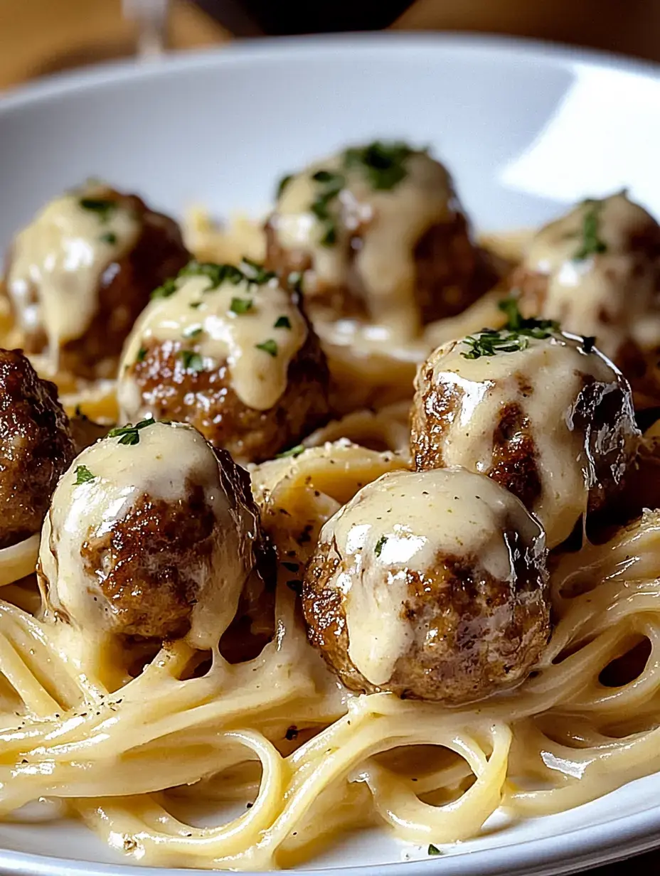 Un plato de pasta con albóndigas bañadas en salsa de queso cremosa y perejil.
