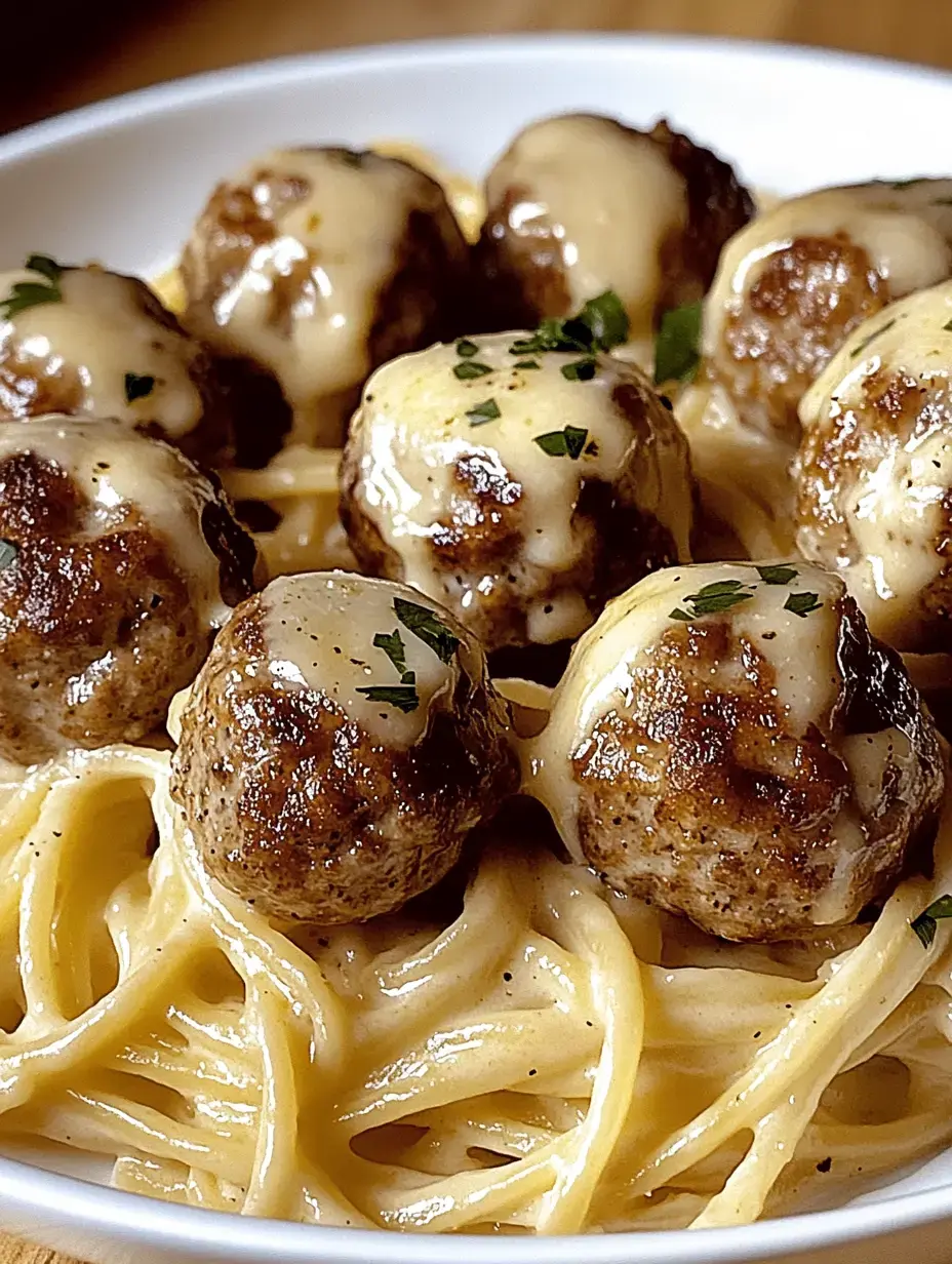 Un bol de pasta con albóndigas y queso fundido, terminado con perejil.