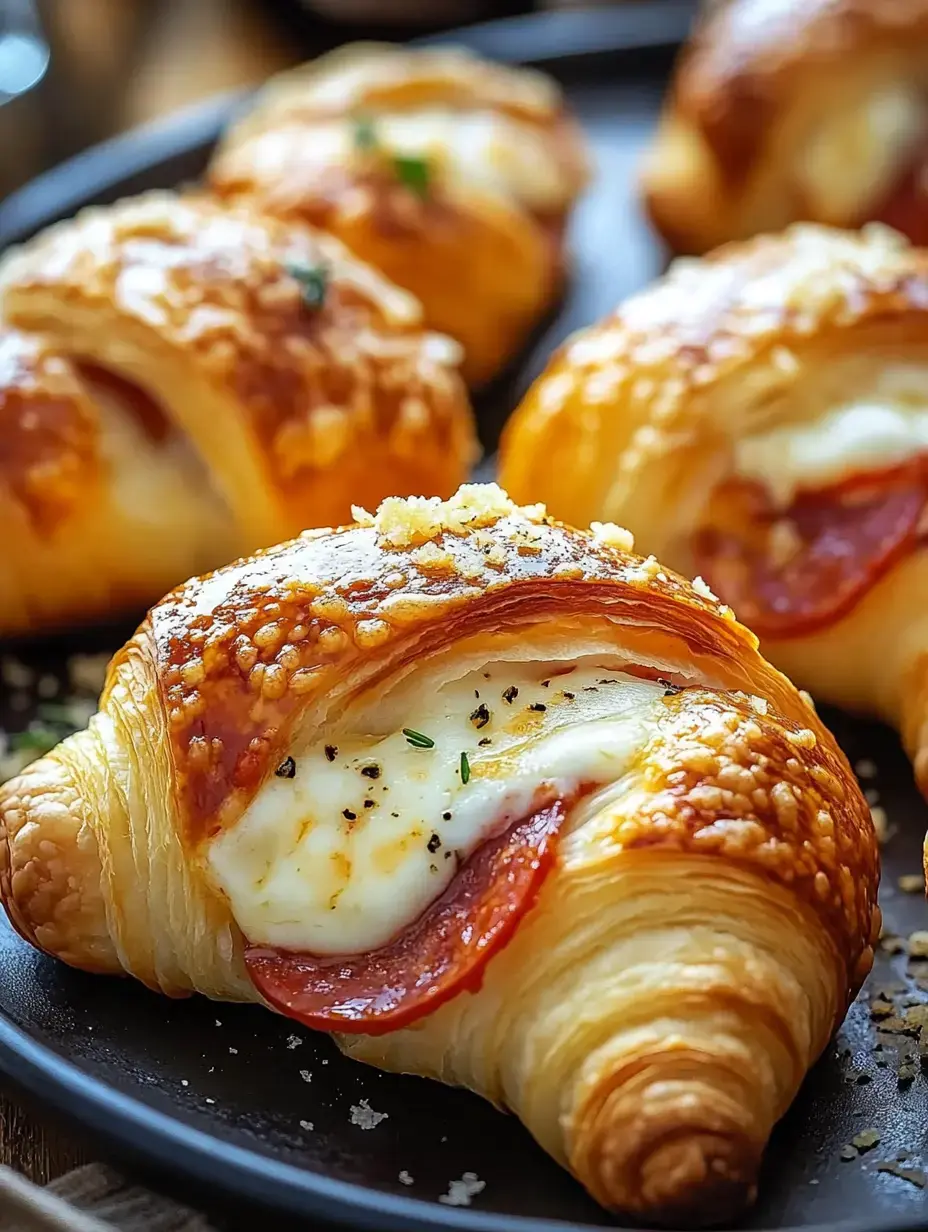 Cerca de croissants dorados rellenos de queso y pepperoni, decorados con hierbas en un plato negro.