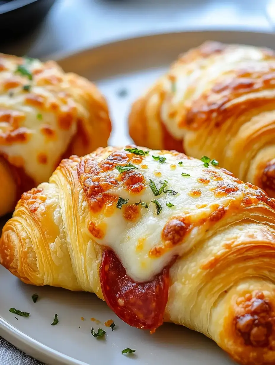 Cerca de croissants crujientes y dorados con queso derretido, pepperoni y hierbas verdes en un plato blanco.