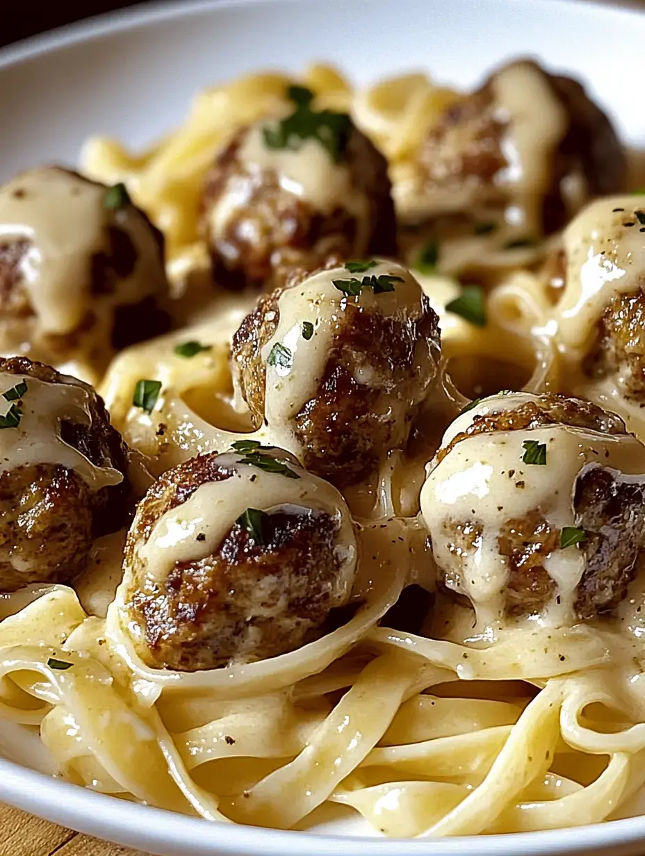 Primer plano de fettuccine con albóndigas y salsa cremosa, rematado con perejil picado.