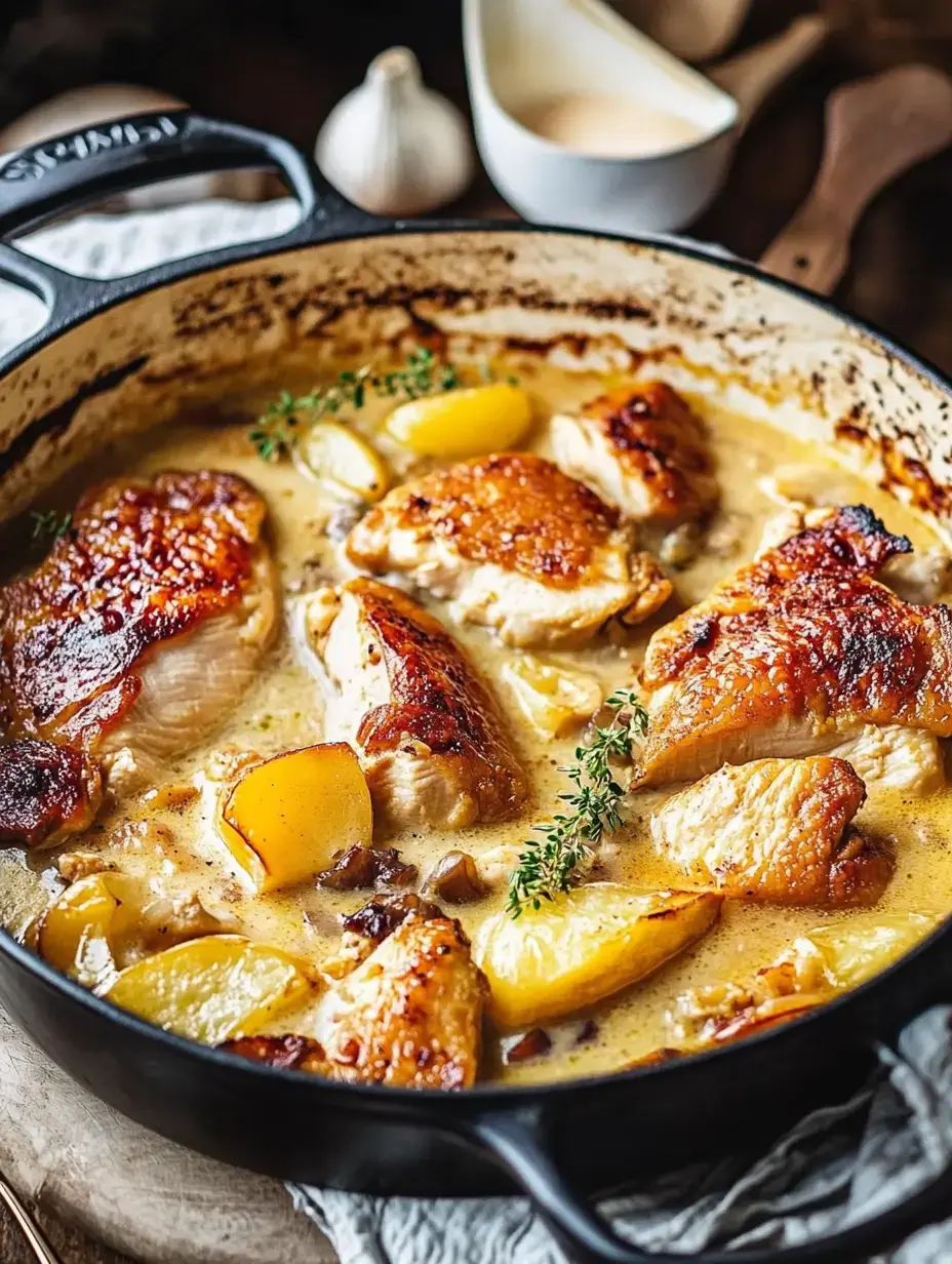 Una sartén honda con trozos de pollo dorados en salsa cremosa con patatas y decorado con tomillo fresco.