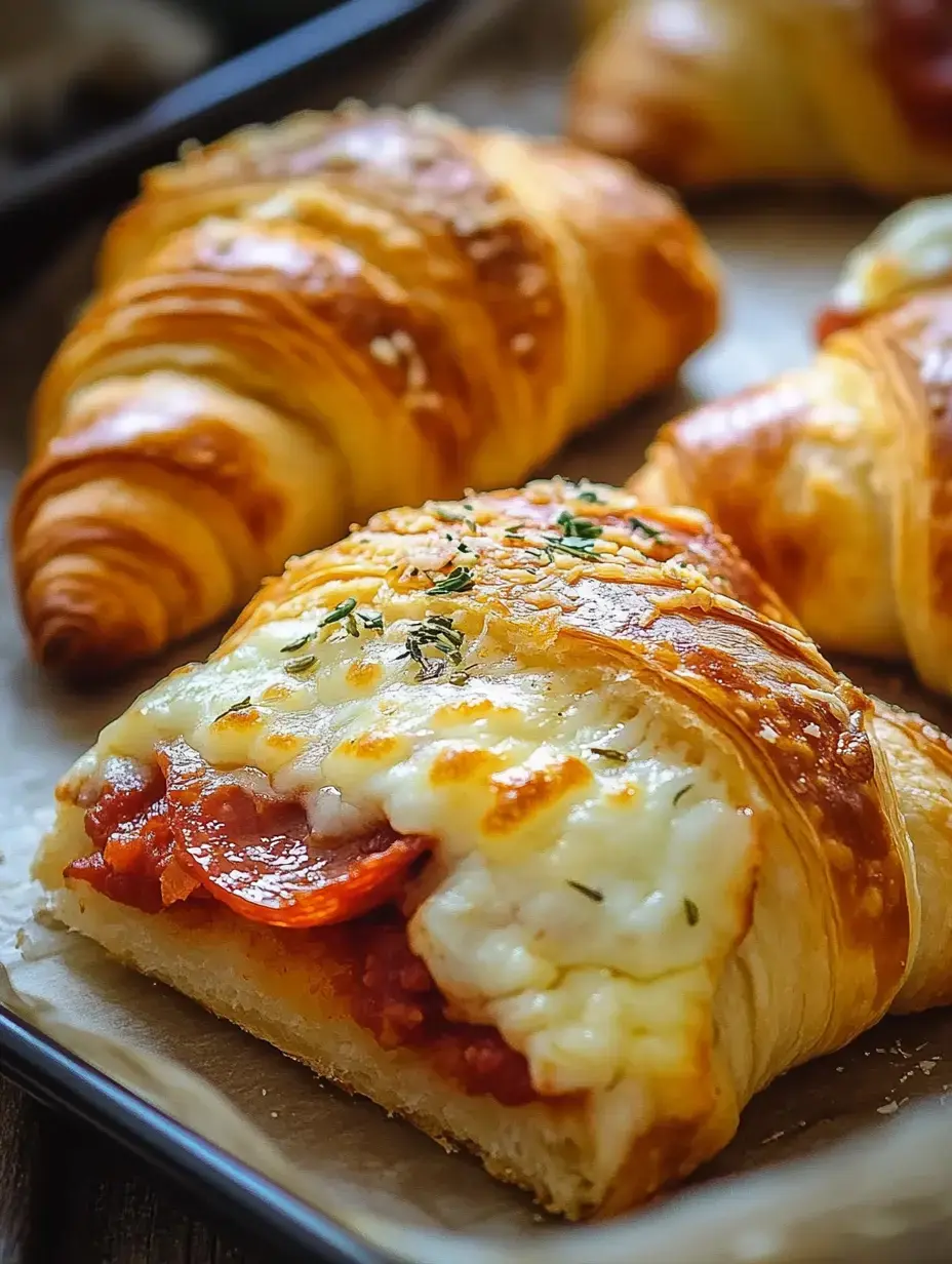 Detalle de croissants dorados y crujientes rellenos de queso fundido y pepperoni, decorados con hierbas.