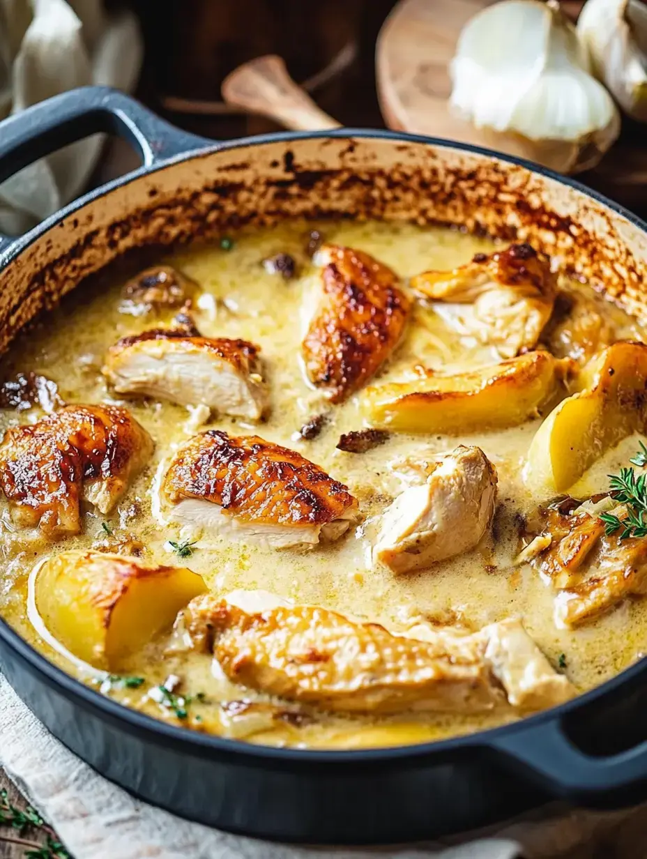 Acercamiento de una olla con trozos de pollo dorado en salsa cremosa y patatas con hierbas frescas.