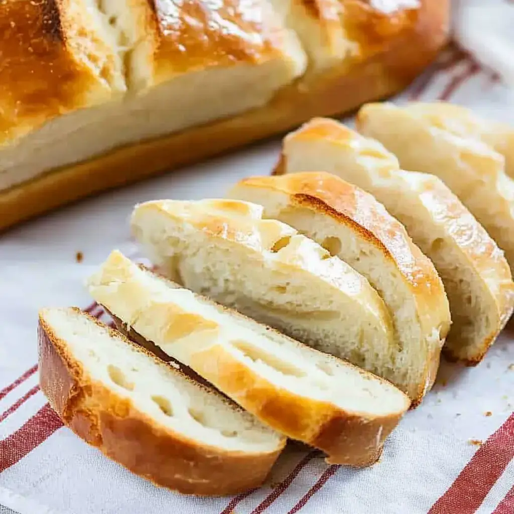 Un pan recién sacado del horno, cortado en rebanadas y puesto sobre un paño con rayas rojas.