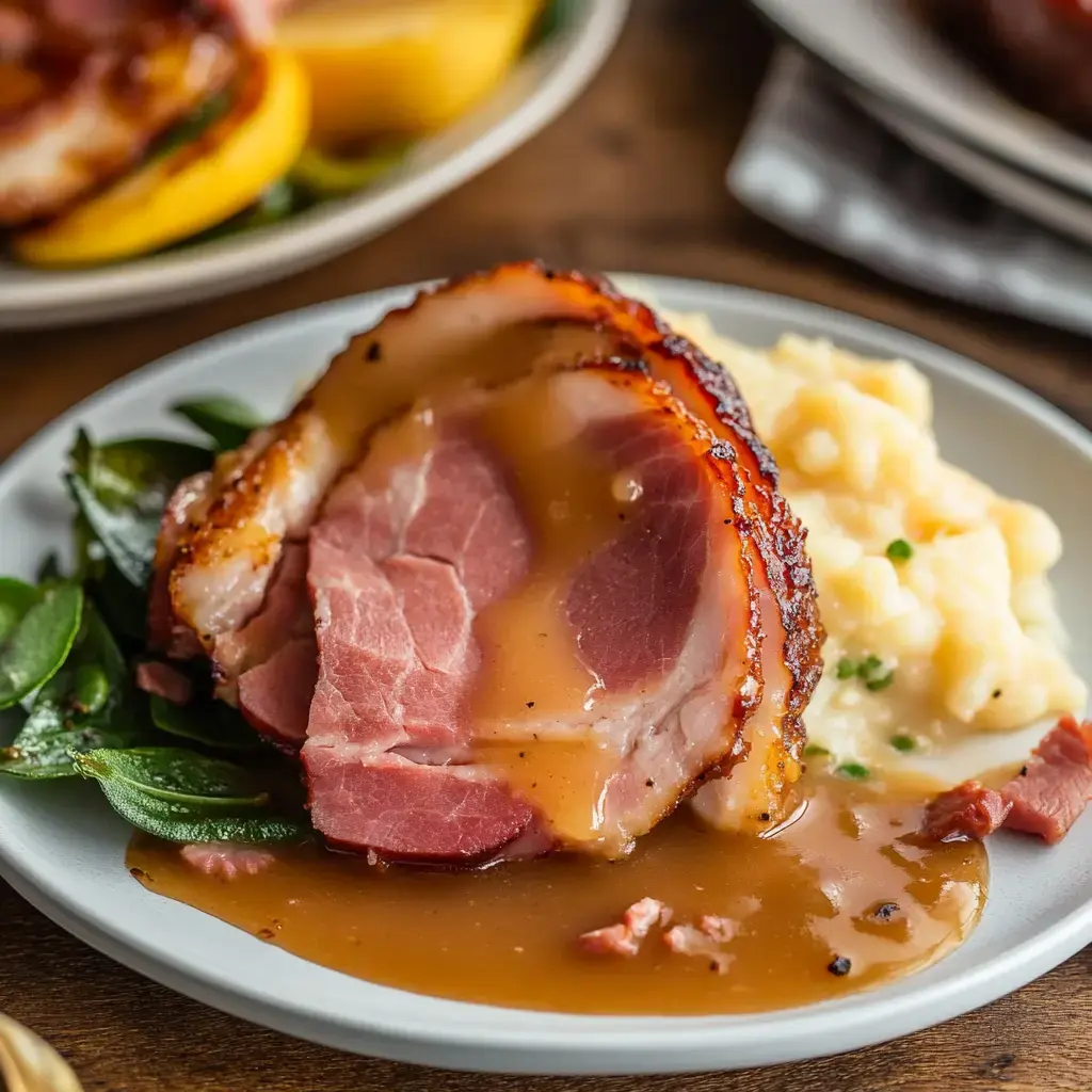 Un plato de jamón tierno bañado en salsa sirve junto a puré cremoso y unas hojas verdes para decorar.