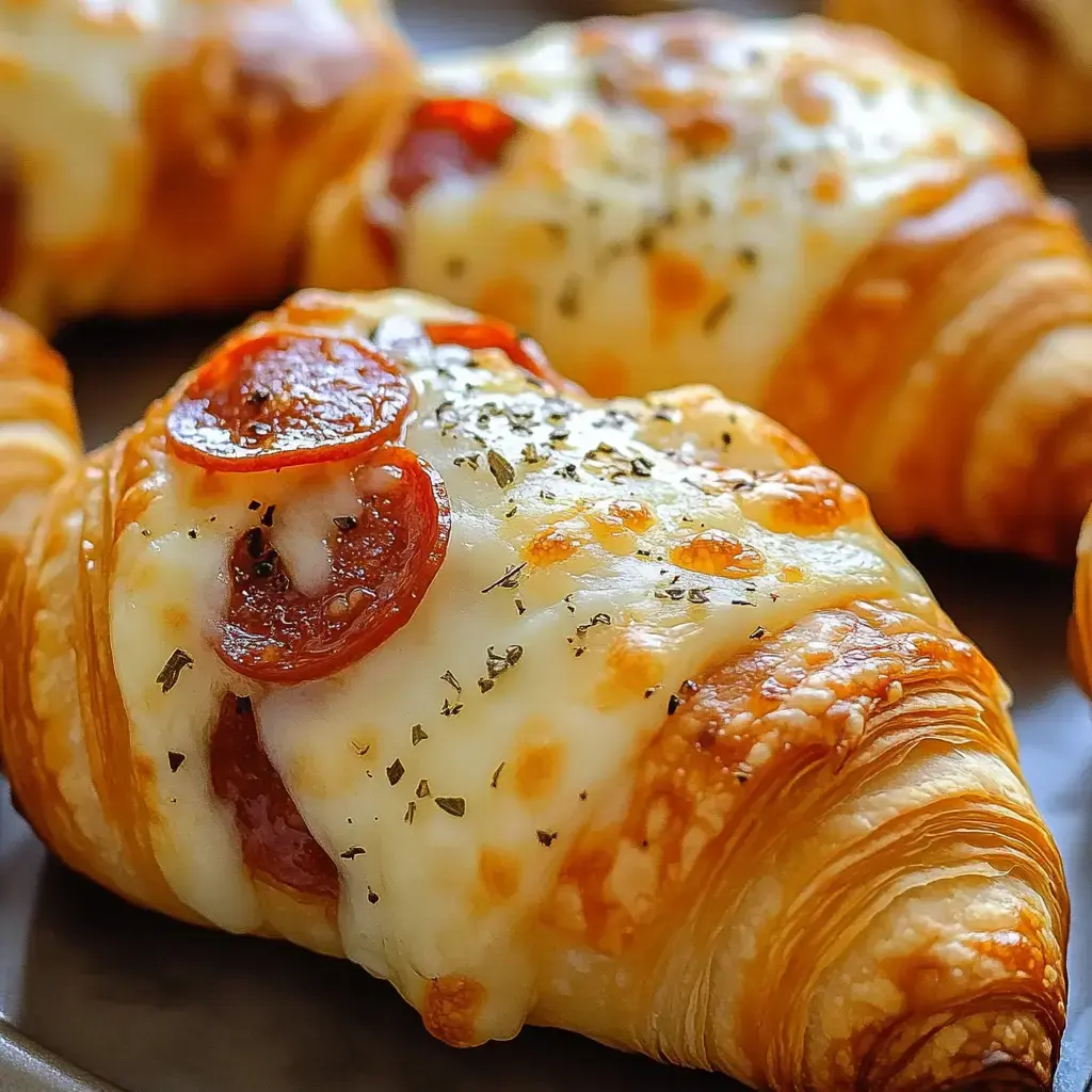 Croissants horneados con queso derretido, pepperoni y hierbas.