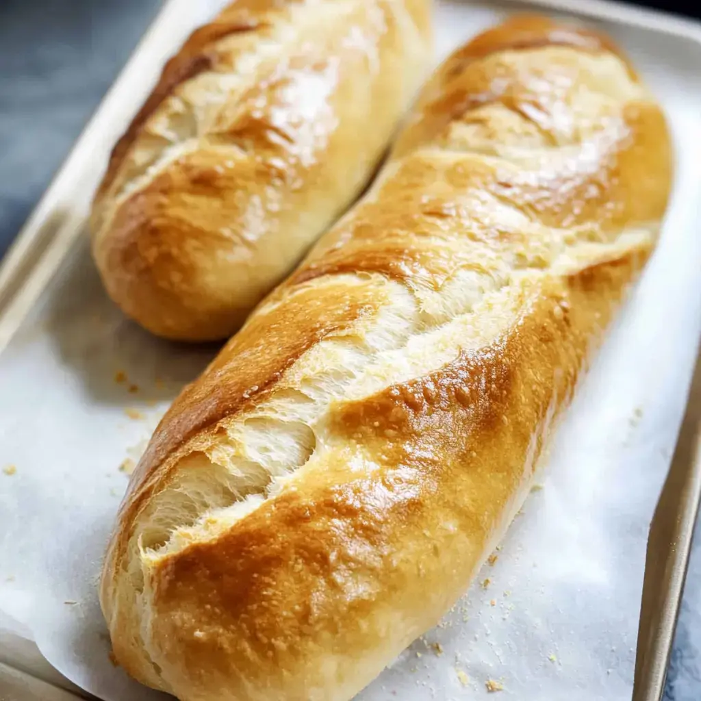 Dos baguettes recién horneadas, con corteza dorada, sobre papel en una bandeja.