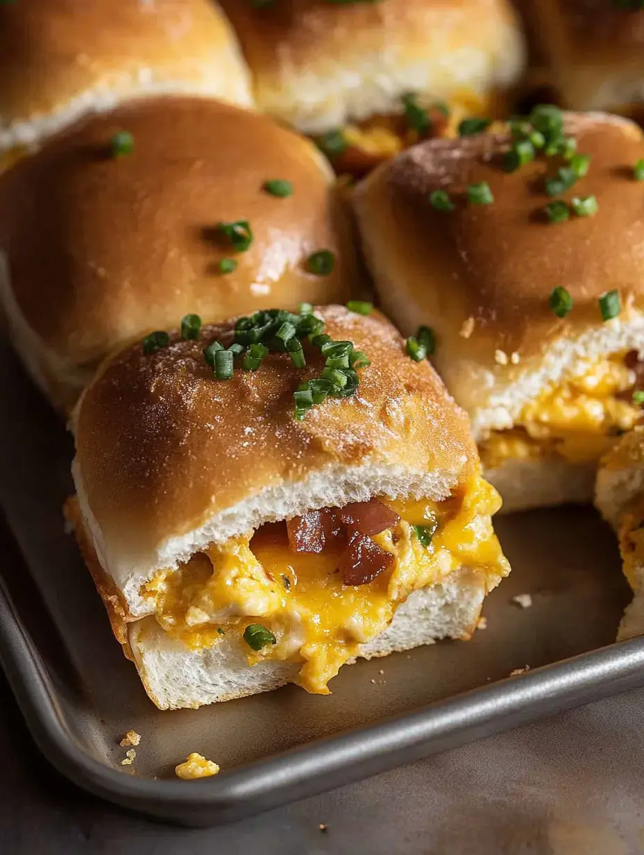 Un acercamiento a un panecillo con huevos revueltos y bacon, el queso asomando y decorado con cebollino.