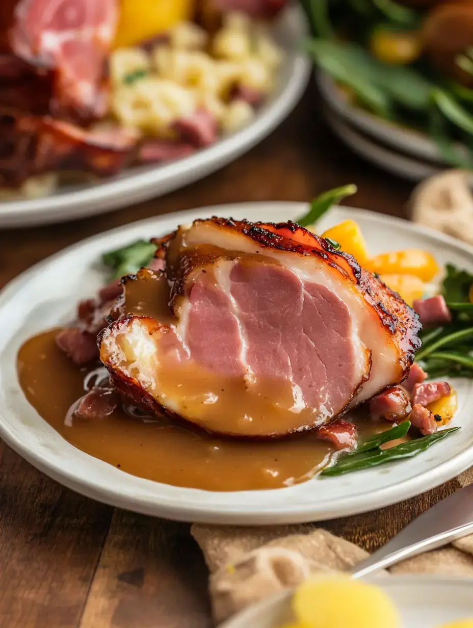 Una loncha de jamón glaseado con salsa reposa en un plato rodeada de trocitos de jamón y judías verdes.