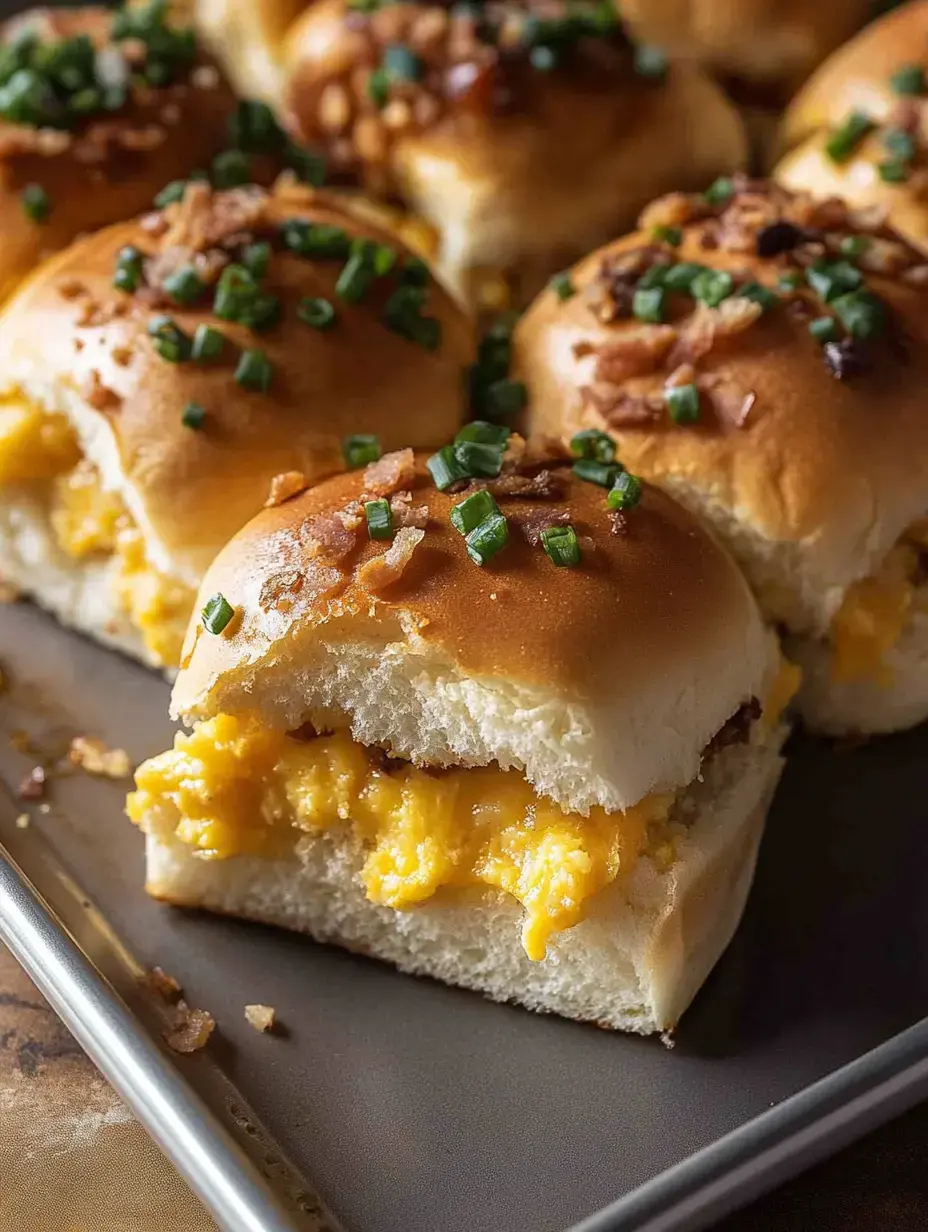 Sliders con queso gratinado, cebollino y trocitos de bacon sobre una bandeja de horno, visto de cerca.