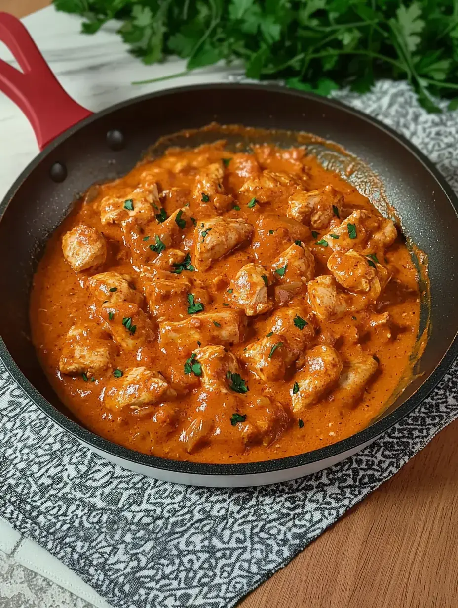 Primer plano de una sartén con trozos de pollo cubiertos de salsa cremosa y naranja, acabados con perejil fresco.