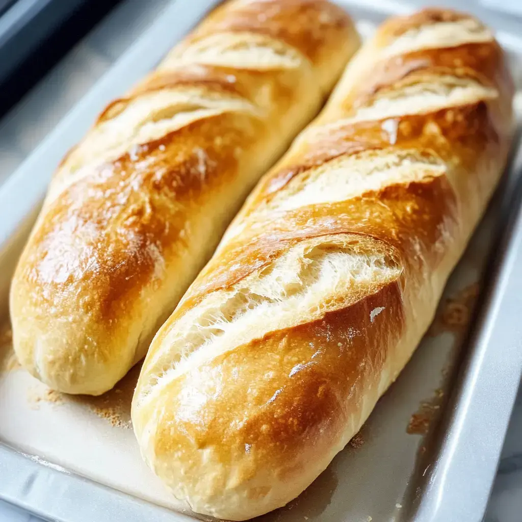 Dos barras de pan doradas y recién hechas, una al lado de la otra en bandeja.