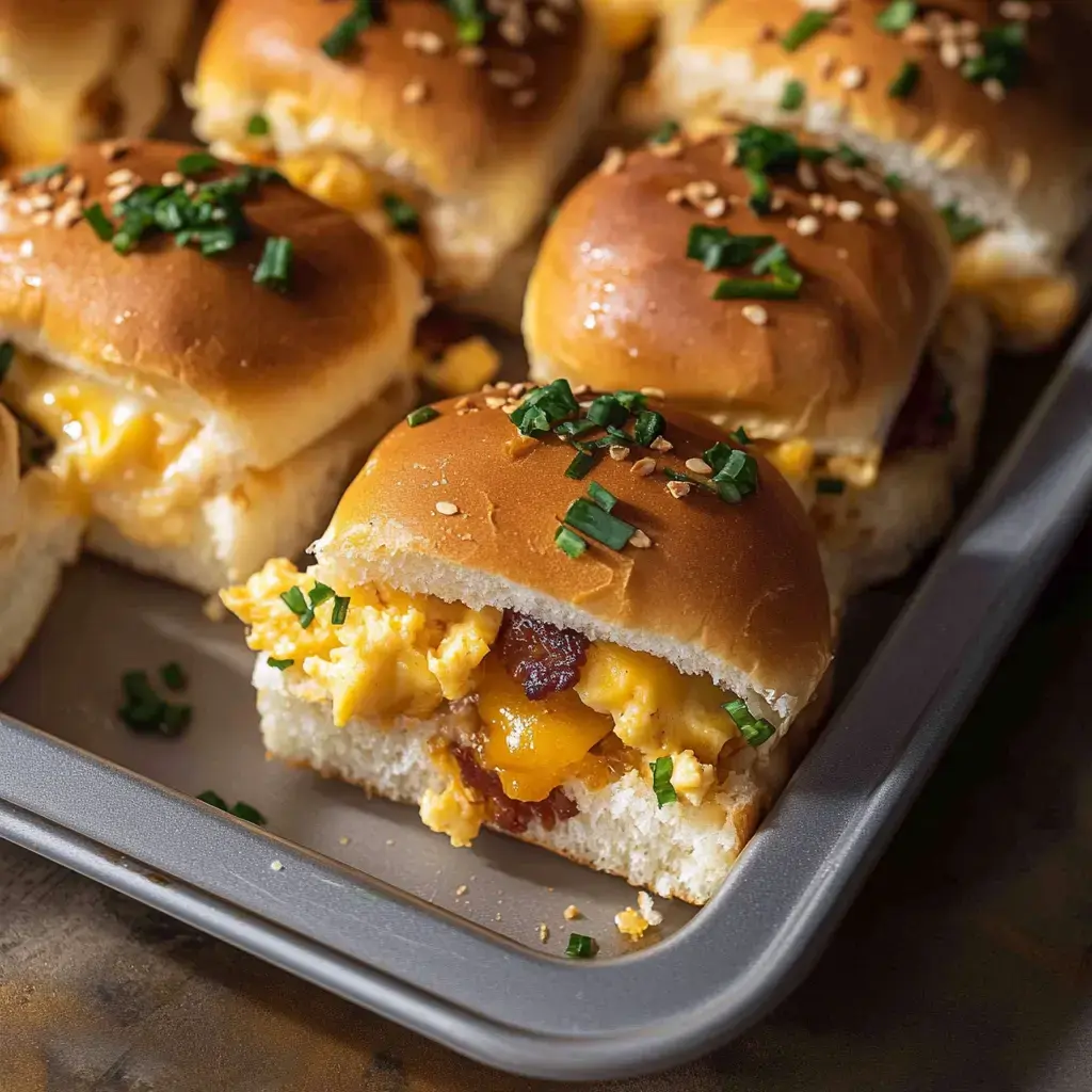 Bandeja de mini sliders con huevo revuelto, queso y bacon, todo decorado con semillas de sésamo y cebollino.