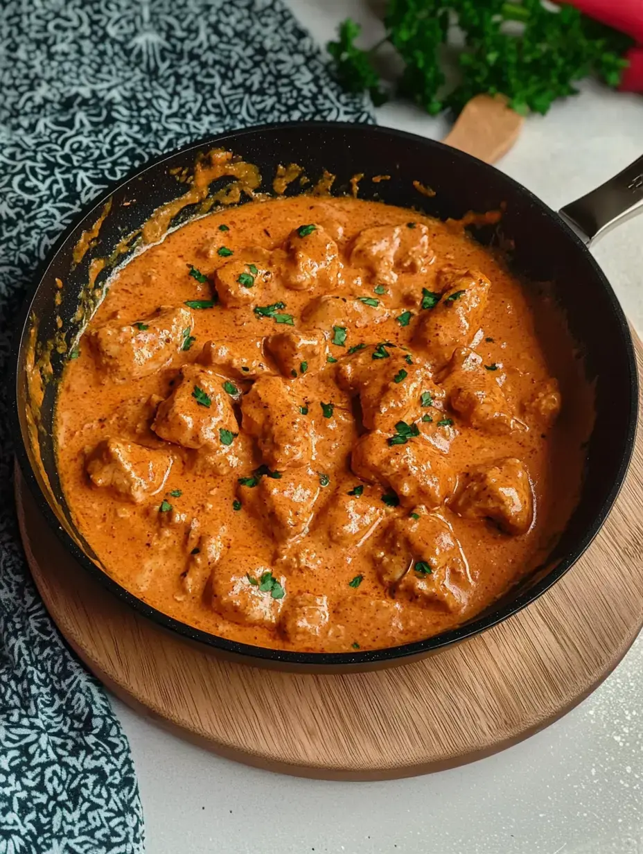 Sartén llena de pollo cremoso en salsa de color naranja, con perejil picado y colocada sobre una mesa de madera.