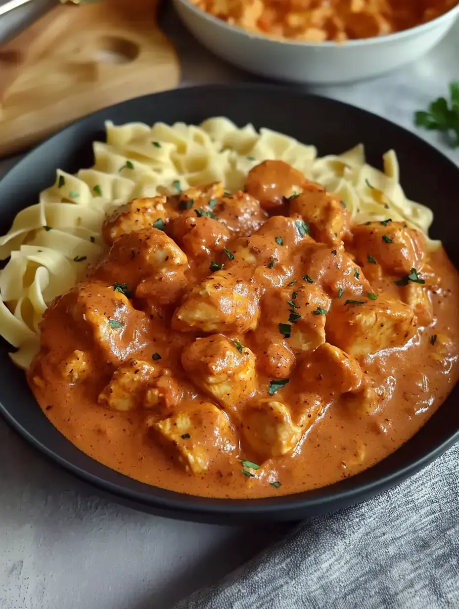 Bol negro con pollo en salsa cremosa sobre cama de pasta, coronado con perejil.