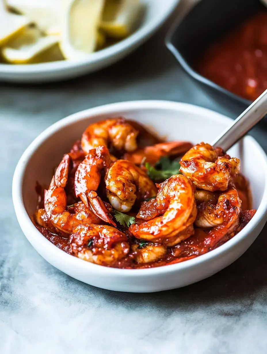 Un plato de camarones bañados en salsa roja intensa, decorado con hierbas frescas, acompañado de limones y un platito de más salsa.