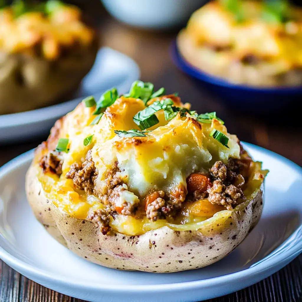 Una papa grande al horno rellena de carne, queso y cebollitas verdes.