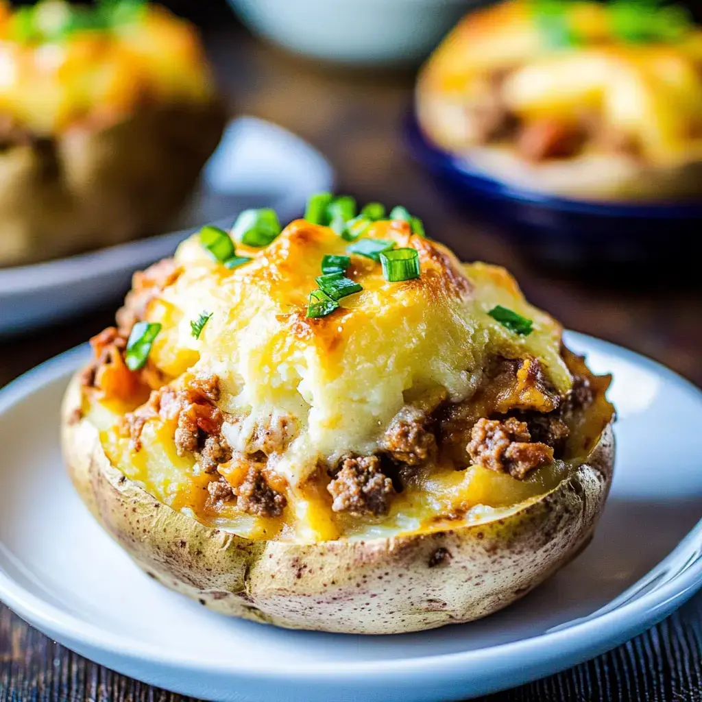 Papa horneada rebosante de queso, cebollita verde, carne y su propio puré.