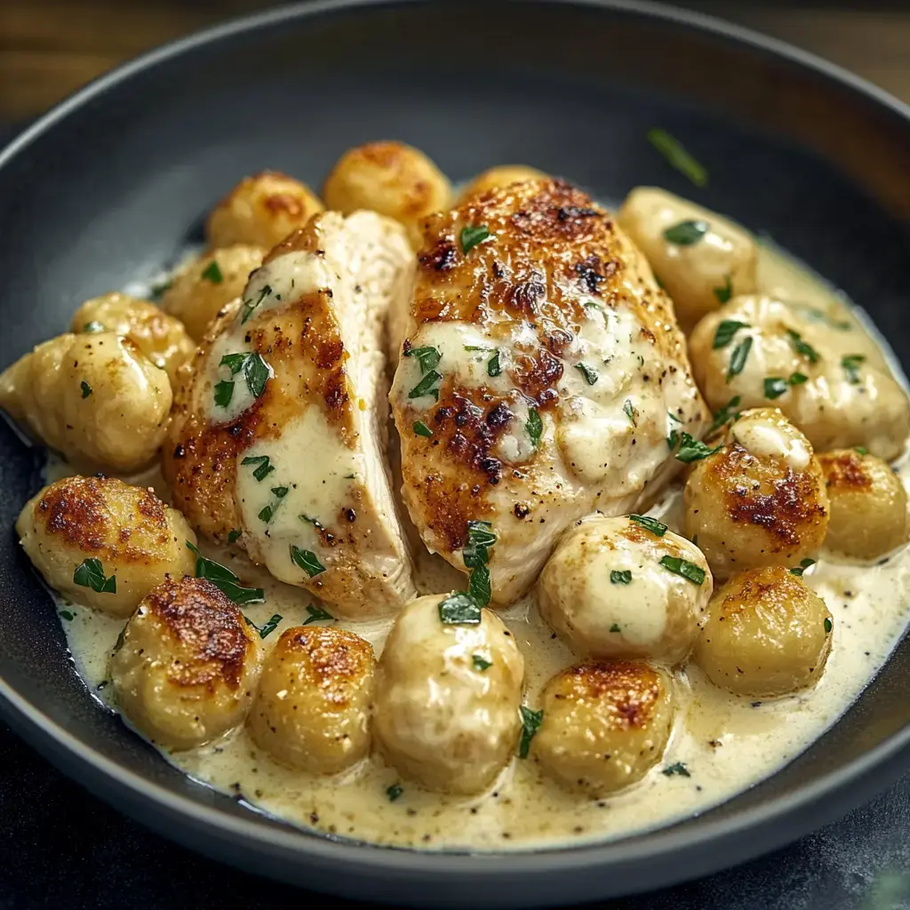 Un plato con pechuga de pollo dorada en rodajas, bañado en salsa cremosa junto a gnocchis dorados y hierbas frescas.