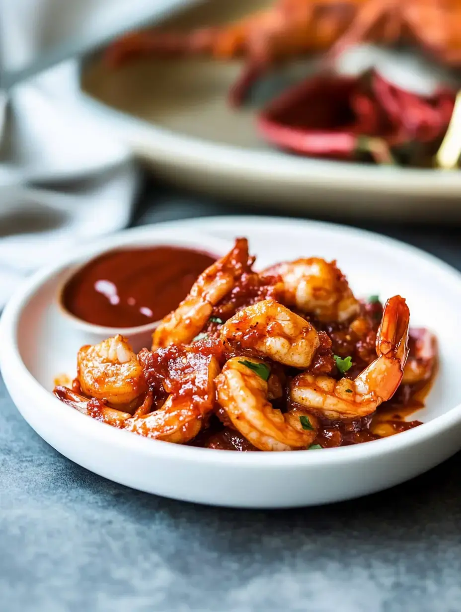 Toma de cerca de un tazón blanco con camarones en salsa roja, junto a un pequeño recipiente con salsa extra.