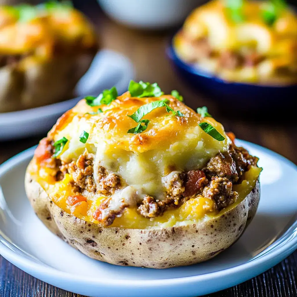 Detalle de papa horneada rellena de queso, carne y puré, con hierbas frescas.