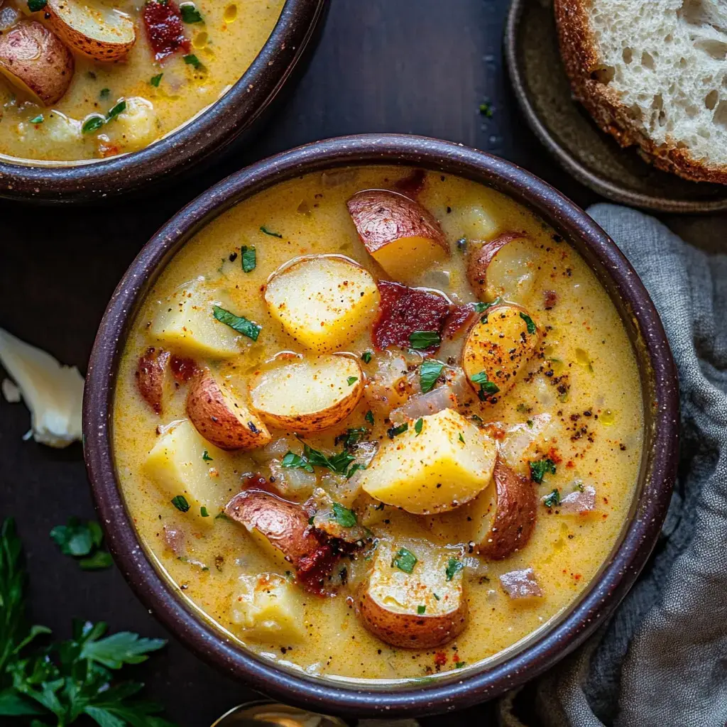 Vista cercana de dos platos de sopa cremosa de papa decorados con hierbas y especias, acompañados de pan al lado.
