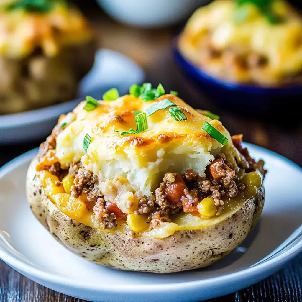 Papa horneada con carne, verduras y queso derretido más cebollitas verdes.
