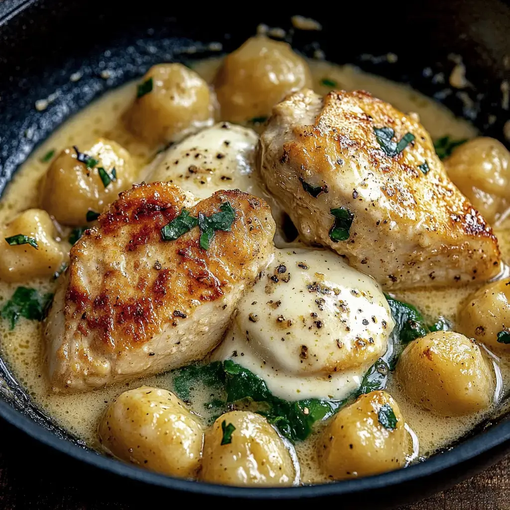 Cerca de pollo dorado con salsa cremosa, gnocchi de papa pequeños y perejil picado.