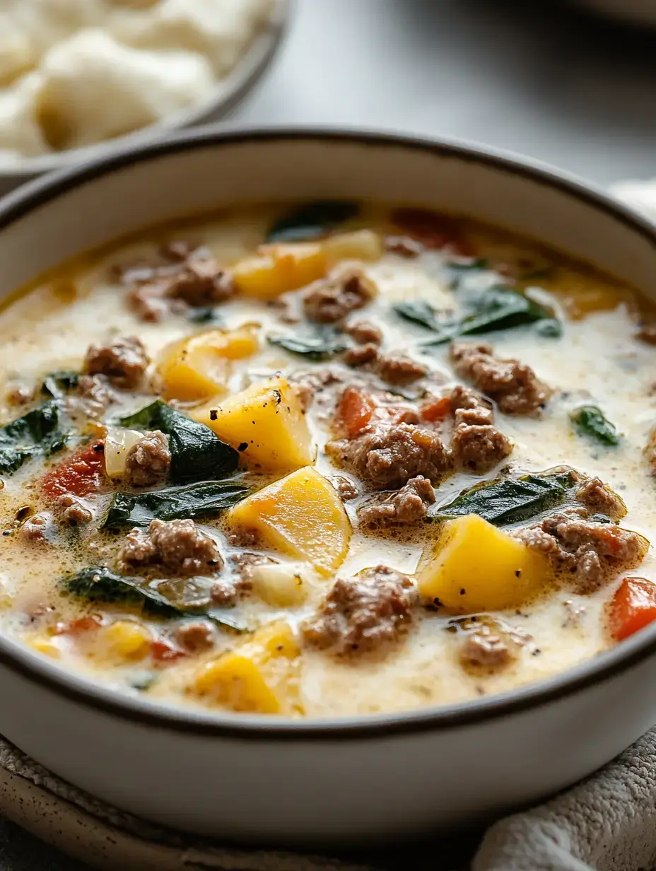 Sopa blanca cremosa con carne molida, papas, espinaca y tomate en un plato hondo.