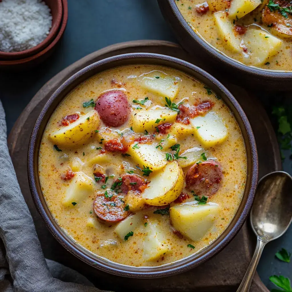 Vista cercana de sopa sustanciosa de papa y chorizo servida en plato oscuro, decorada con hierbas al lado de un platito de sal y una cuchara.