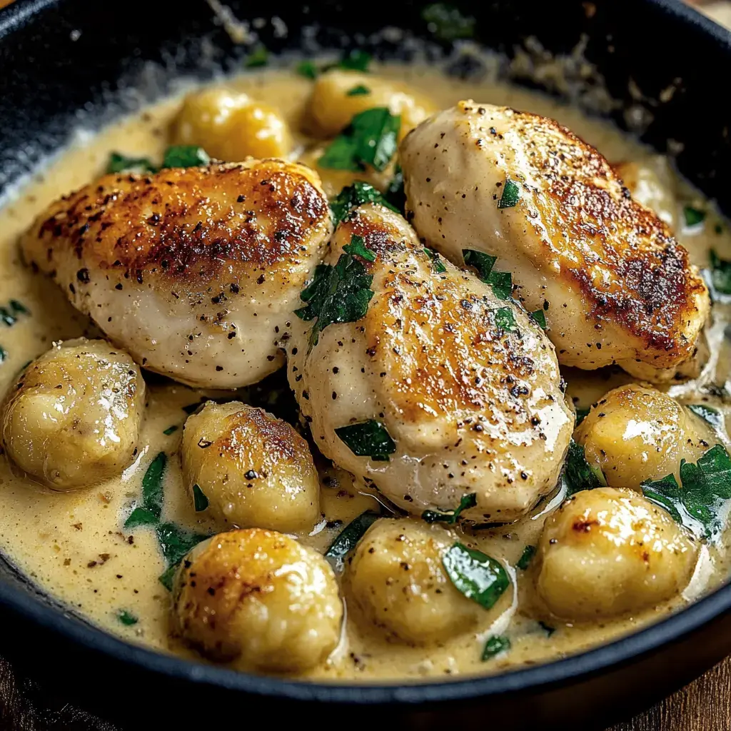 Sartén con trozos de pollo y gnocchi en salsa cremosa, decorado con perejil fresco.
