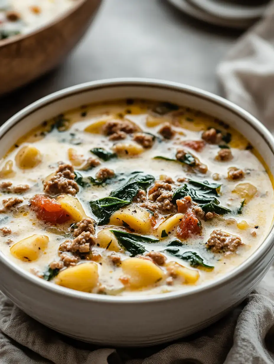 Primer plano de un plato de sopa cremosa con papa, carne molida, espinaca y tomate.