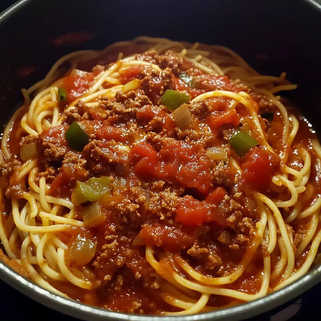 Un plato de espagueti cubierto con salsa de carne y tomate, decorado con pimientos y cebolla.