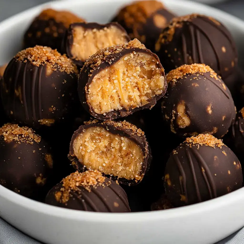 Trufas rellenas de crema y galleta, cubiertas de chocolate y decoradas con azúcar, dentro de un bol blanco.