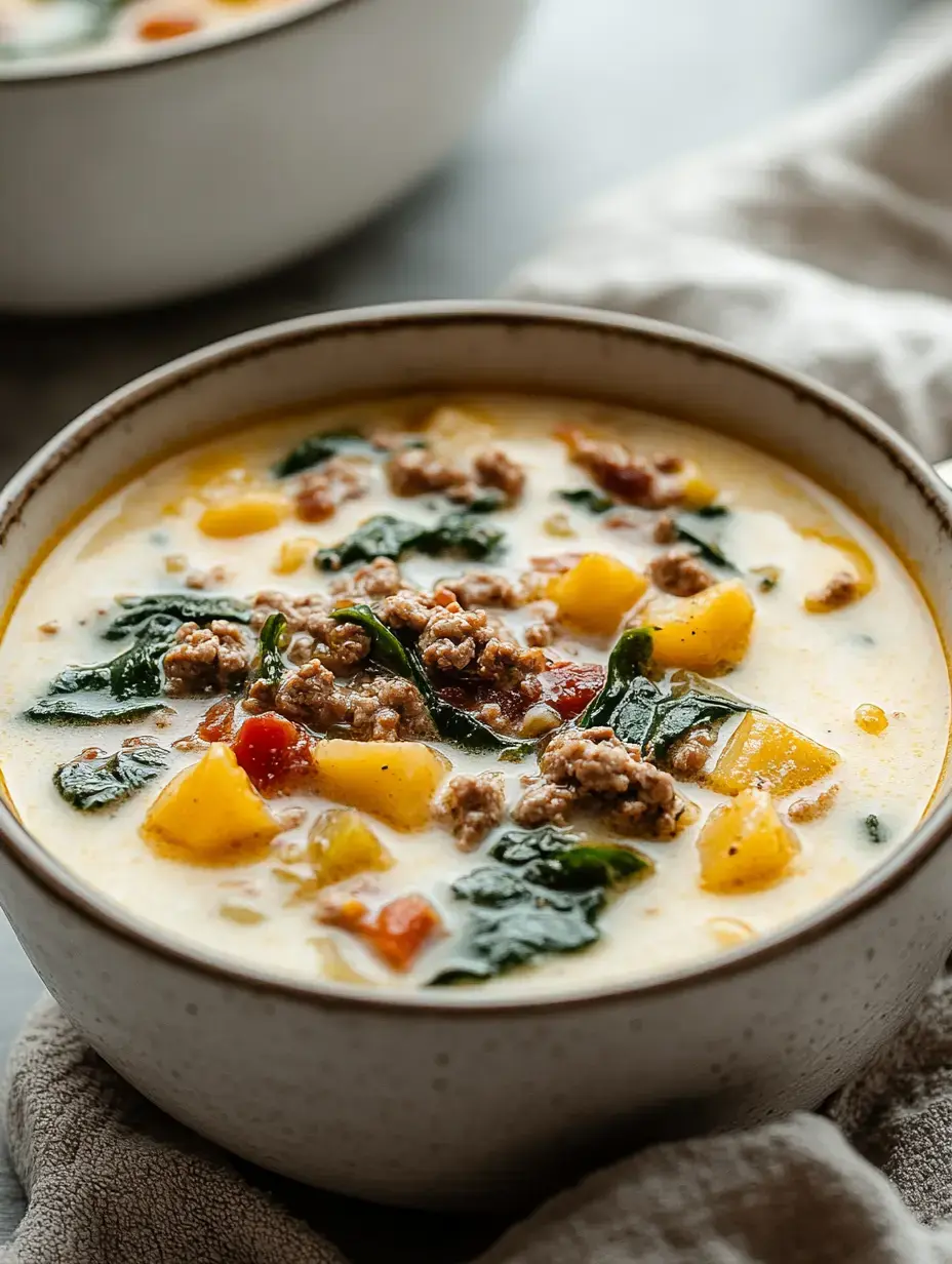 Sopa cremosa con carne picada, espinaca y verduritas servida en un cuenco.