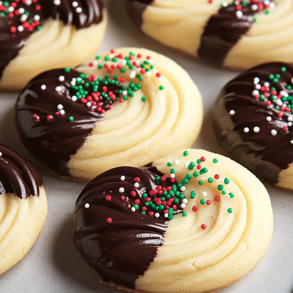 Detalle de galletas festivas en espiral amarillo con media cobertura de chocolate y chispas rojas, verdes y blancas.