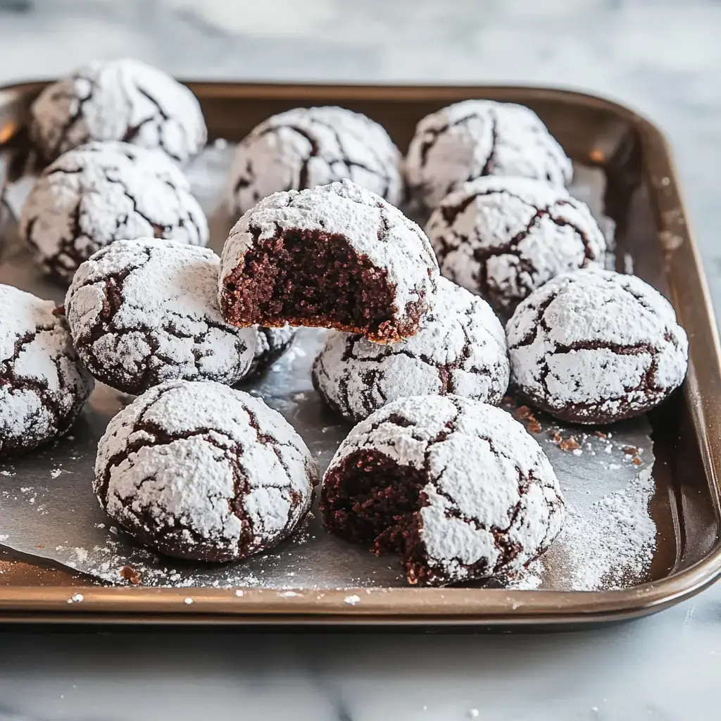 Una bandeja de galletas de chocolate cubiertas de azúcar glas, con una galleta mordida parcialmente.