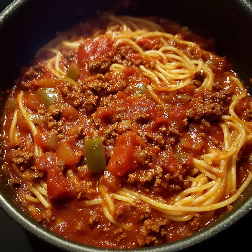 Olla de espagueti con carne molida y salsa de tomate, se ven los tomates y pimientos verdes.